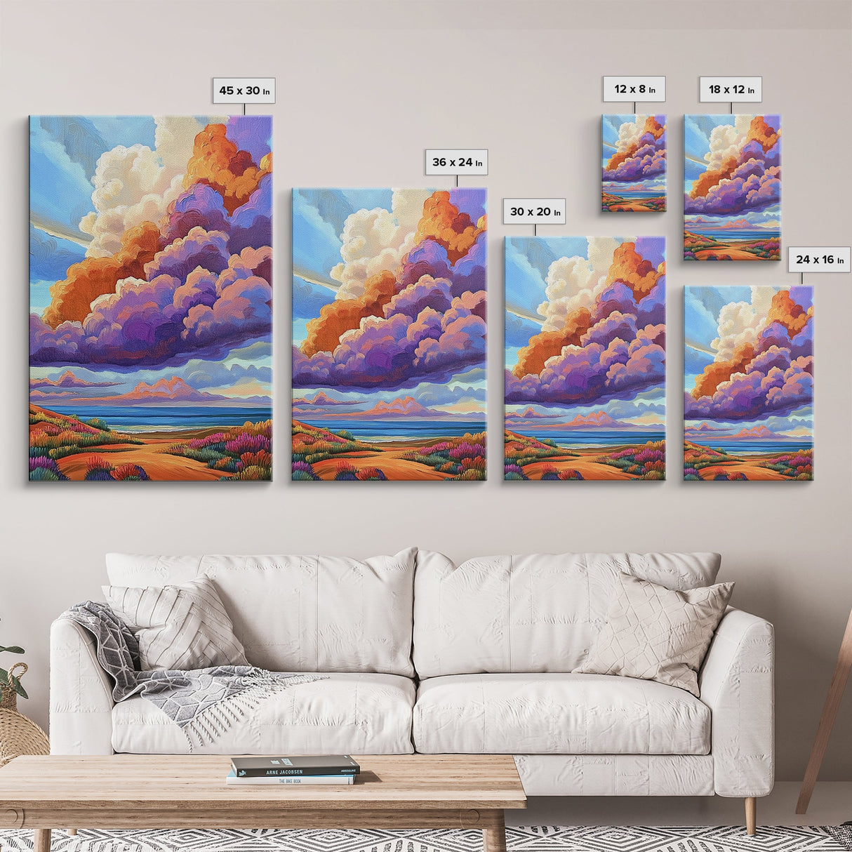 Majestic Cloudscape Art, Sunset Beach Painting, Bold Sky Print, Dreamy Nature Decor, Framed Canvas Print, Living Room Wall Art, surreal art