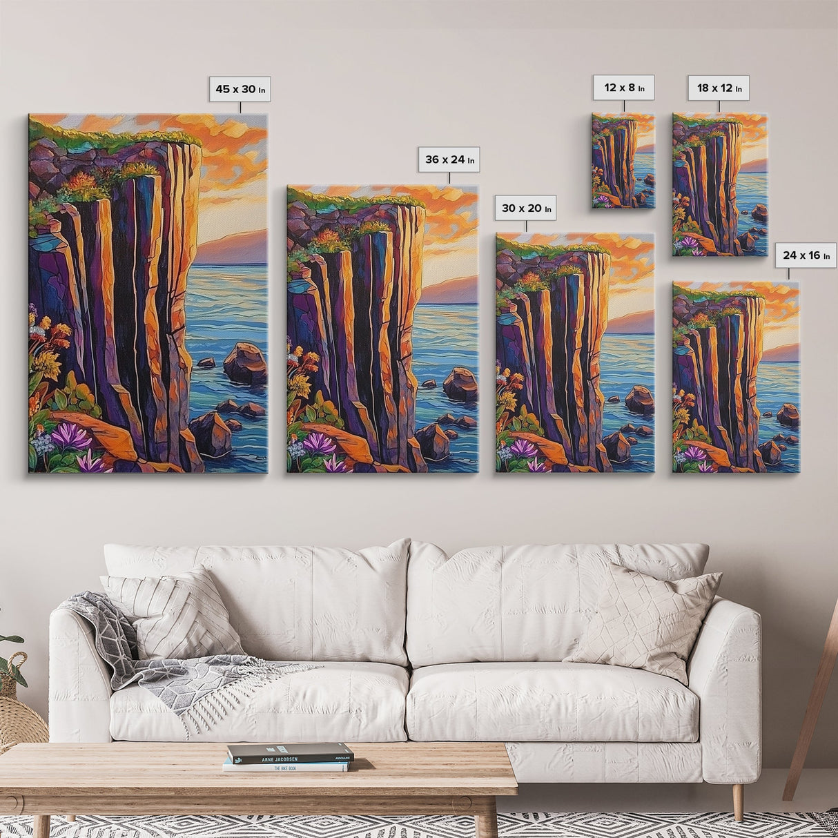 Cliff Sunset, Sea, Canvas Print, Bold coastal wall art, rocky cliff painting, dramatic sunset scene, office or den decor, nature inspired art