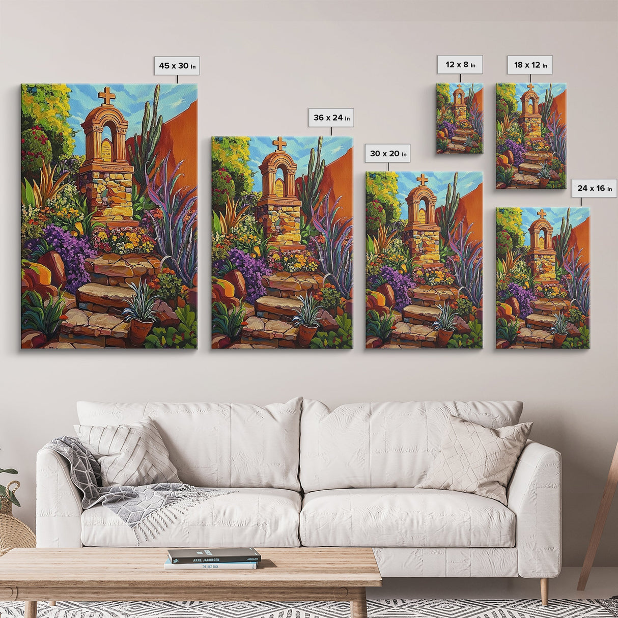 Garden Shrine, Stone Steps, Mission Style, Framed Canvas Print, colorful religious art, desert decor, boho rustic, Living Room Wall Art