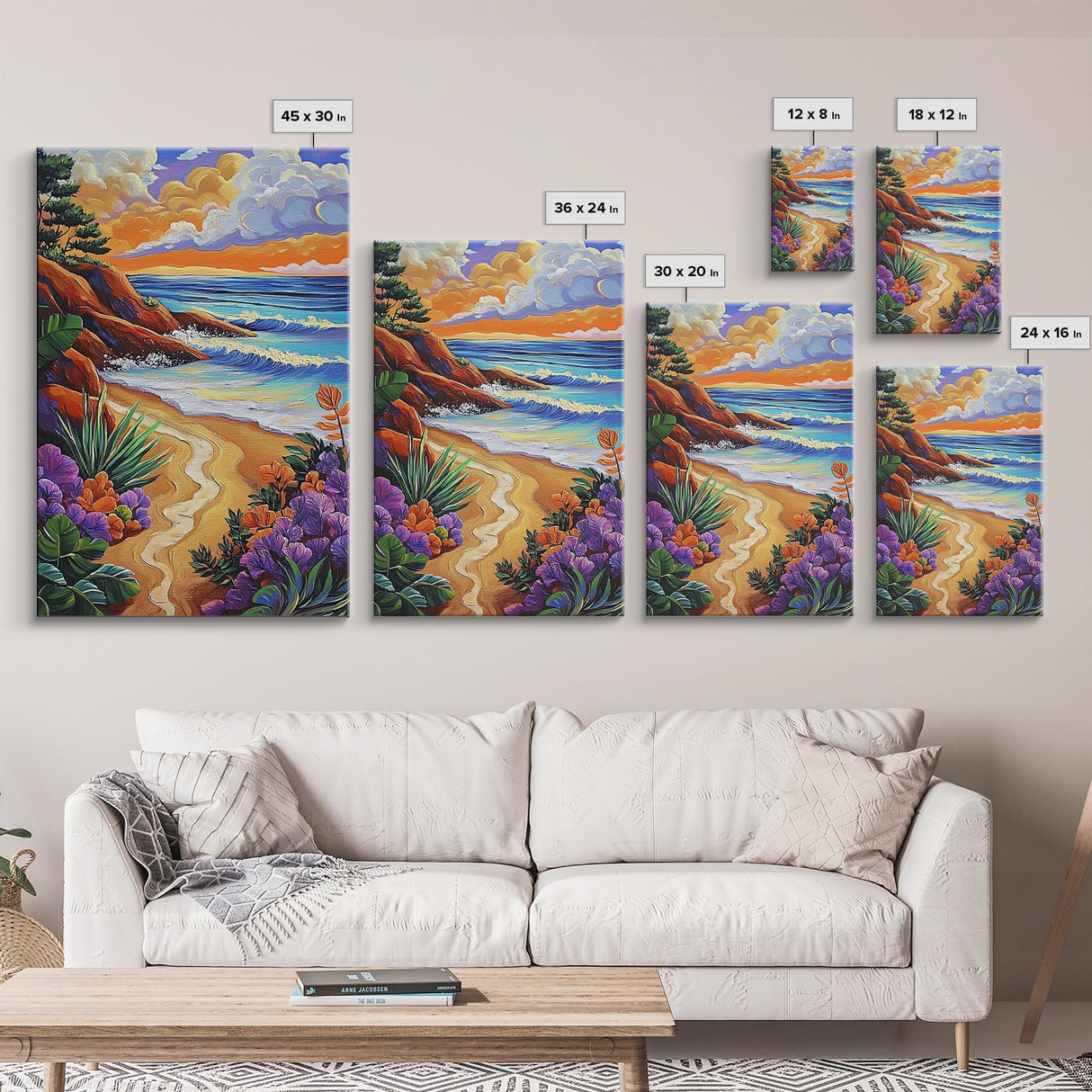 Coastal Sunset, Tropical Beach, Colorful Seascape, Ocean Art, Framed Canvas Print, Vibrant wall decor, Bathroom Wall Art, boho art