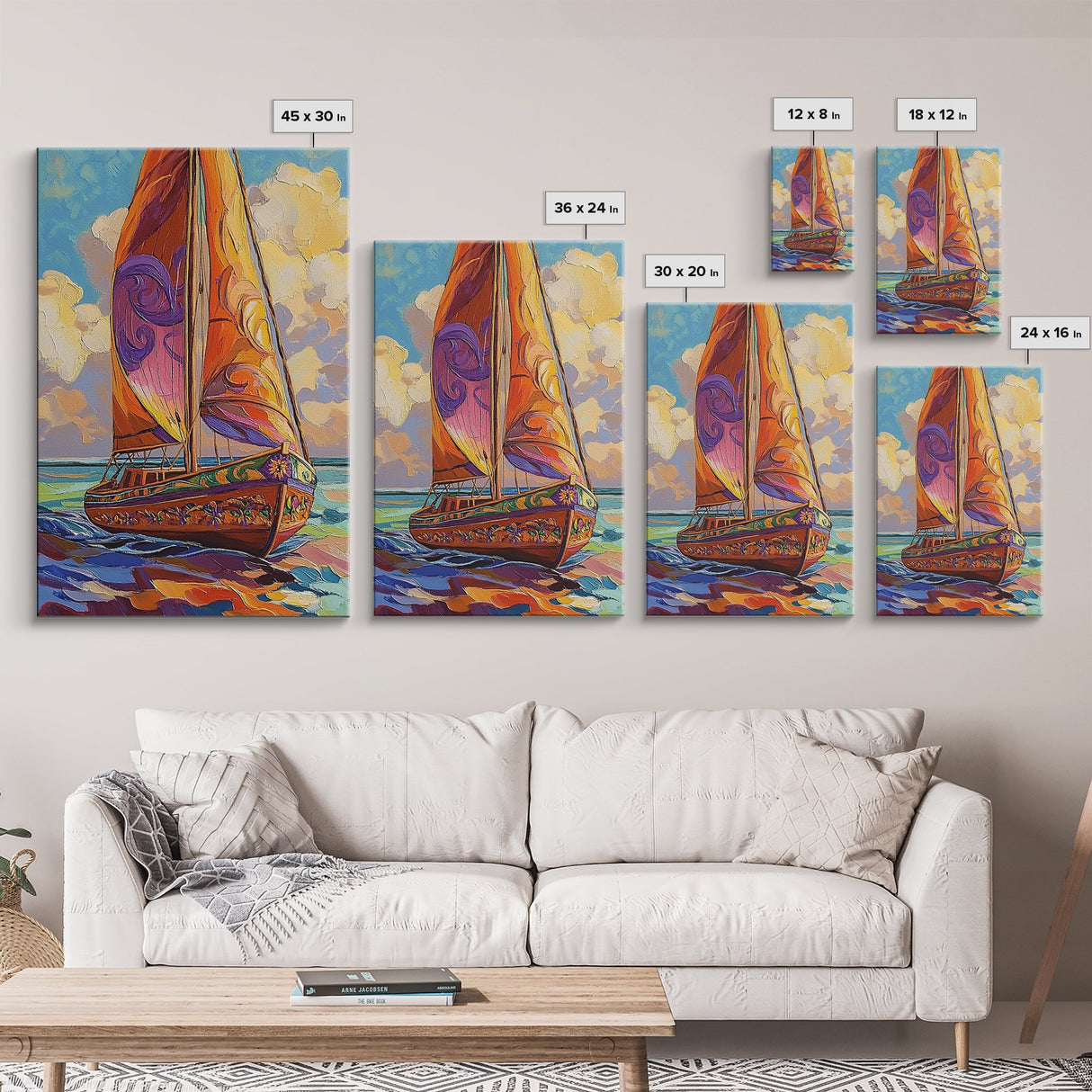 Sailboat Painting, Ocean Breeze, Colorful Nautical, Sunset Boat, Framed Canvas Print, Coastal Wall Art, beach house decor, vivid art