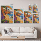 Tropical Beach, Huts, Framed Canvas Print, Island paradise artwork, palm tree coastal decor, bathroom or entryway art, boho summer scene