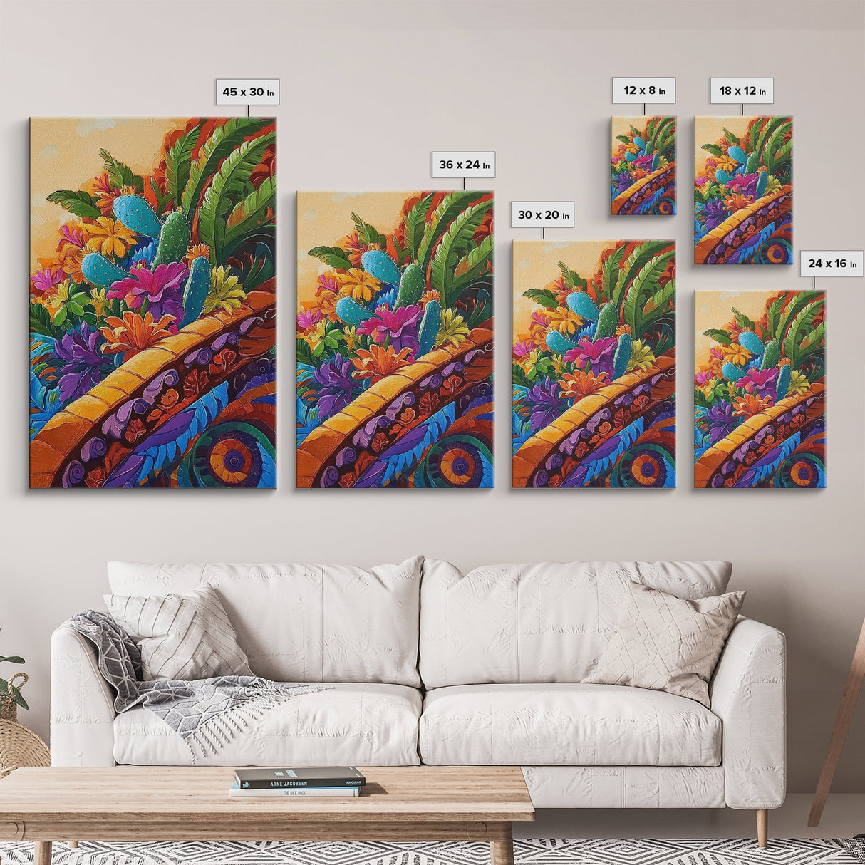 Fiesta Garden, Cactus Flowers, Bright Patio, Mexican Blooms, Framed Canvas Print, Kitchen Wall Art, boho floral decor, folk charm