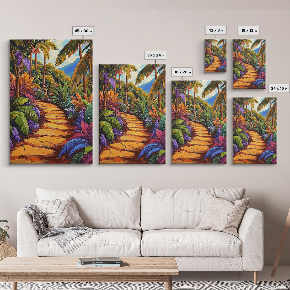 Tropical Trail, Jungle Pathway, Bright Nature Scene, Canvas Print, Boho Living Room Wall Art, Exotic Garden Decor, Colorful Tropical Painting