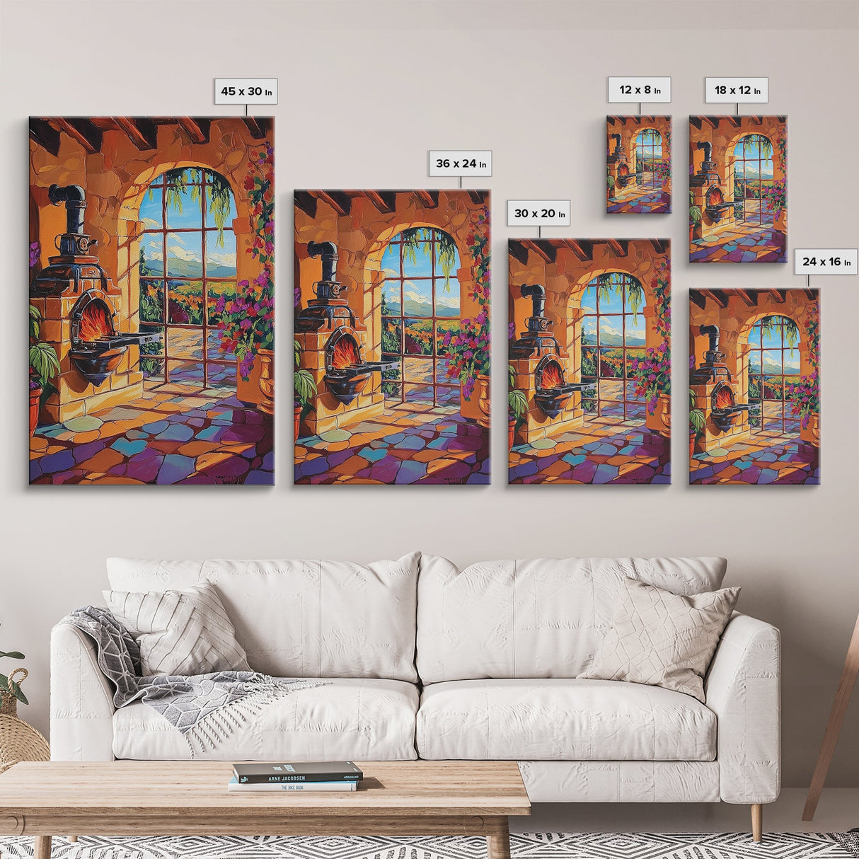 Fireplace View, Warmth, Canvas Print, Rustic Tuscany kitchen wall art, warm cozy interior, country boho style, Mediterranean home decor