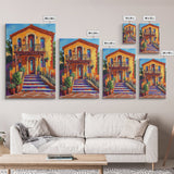 Adobe House, Vibrant Southwest, Fall Architecture Wall Art, Canvas Print, Rustic Staircase Scene, Boho Living Room Decor, Warm Entryway Art