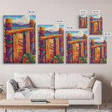 Coastal Fence, Sunset Vibes, Colorful Beach, Ocean Breeze, Framed Canvas Print, Beach House Wall Art, Vibrant Seascape, Tropical Boho Art