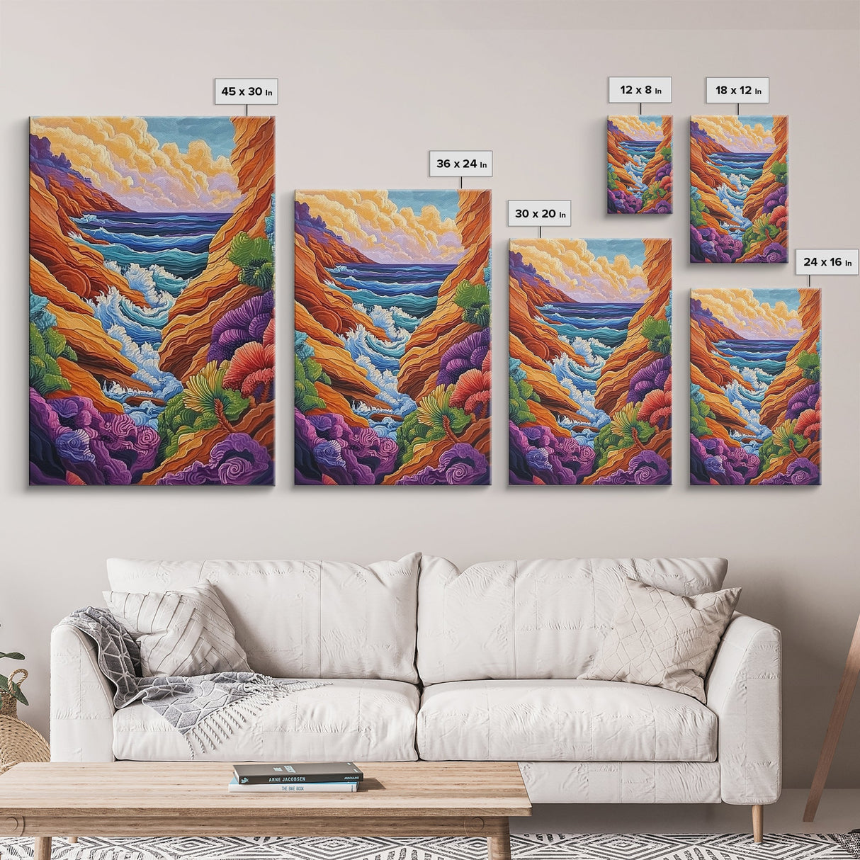Wild Coast, Ocean Energy, Bold Waves, Colorful Rocks, Canvas Print, Eclectic Wall Art, Coastal Retreat Decor, Psychedelic Ocean Art