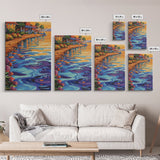 Waterfront Glow, Sunset Village, Palm Colors, Tranquil Scene, Framed Canvas Print, Dining Room Wall Art, Coastal Home Decor, Tropical Vibes