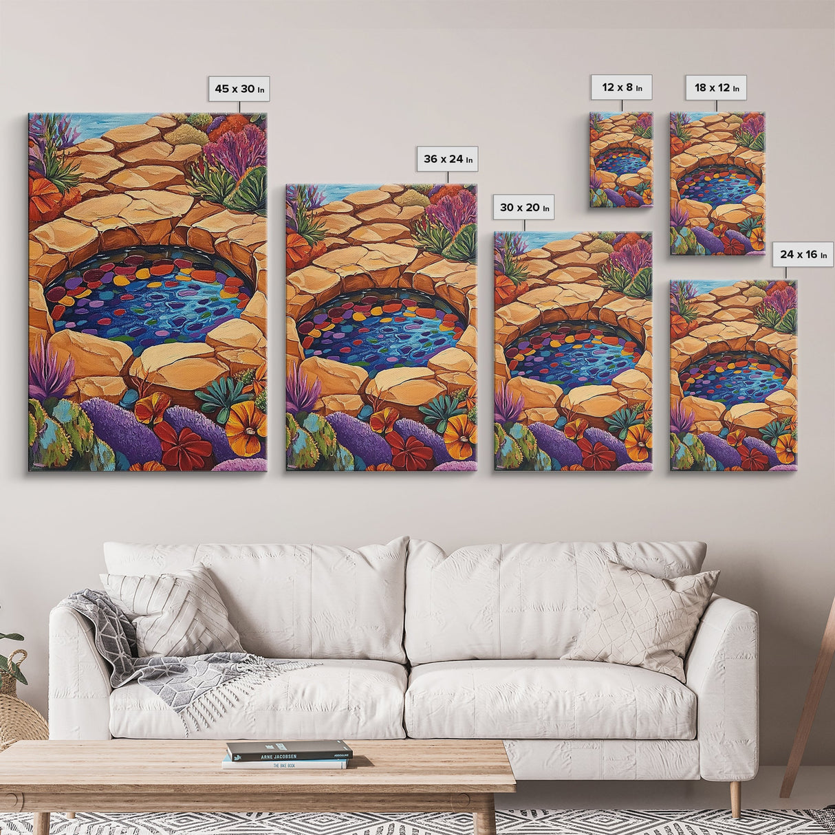 Stone Pool Oasis, Desert Garden Art, Colorful Rock Pond Scene, Framed Canvas Print, Bathroom Wall Decor, Bohemian Nature Art
