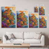 Sunset Mission by Sea, Spanish Coastal Church, Tropical Mountain View, Framed Canvas Print, Living Room Art, Bold Wall Statement
