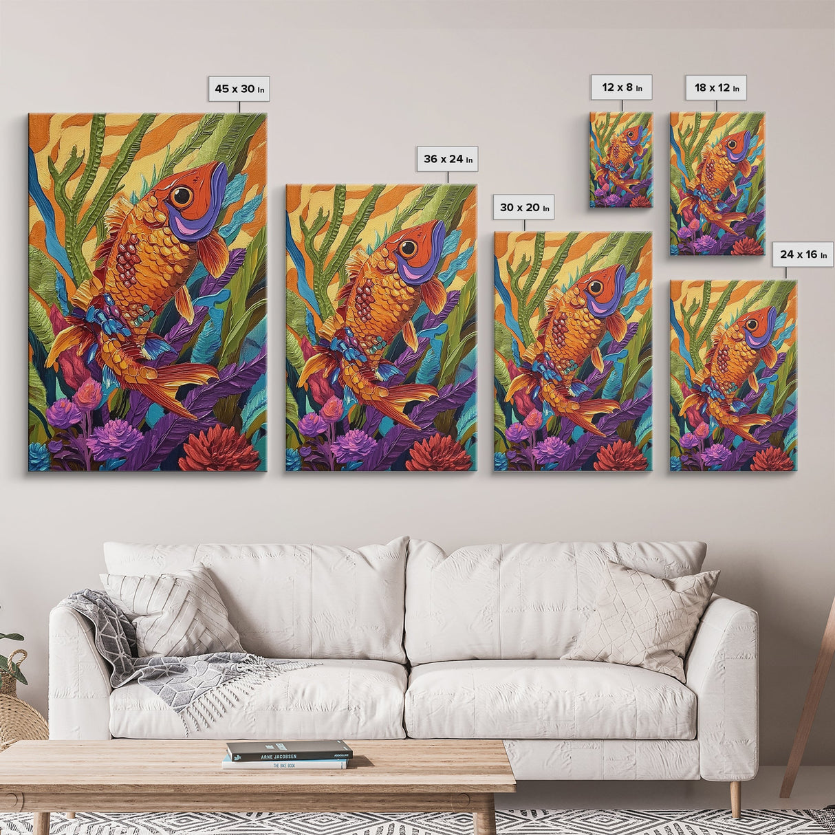 Bold Colorful Fish Art, Framed Canvas Print, Underwater wall decor, boho ocean art, tropical fish painting, bathroom wall art