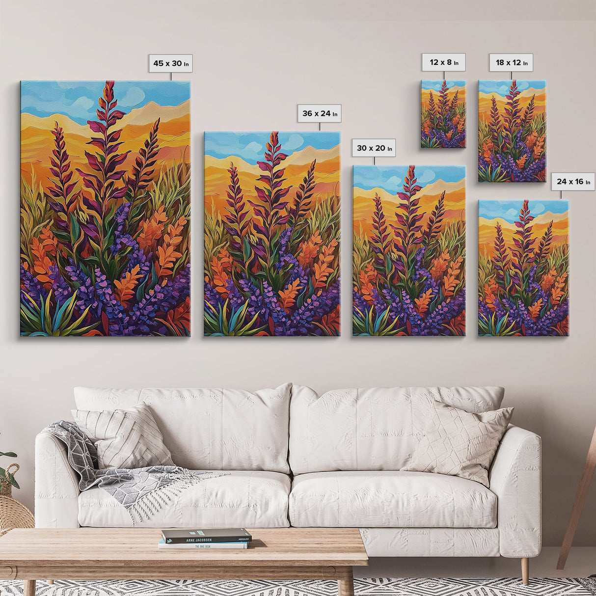 Wildflower Field, Autumn Leaves, Mountain Sunset, Earth Tones, Fall Botanical Art, Living Room Wall Art, Framed Canvas Print