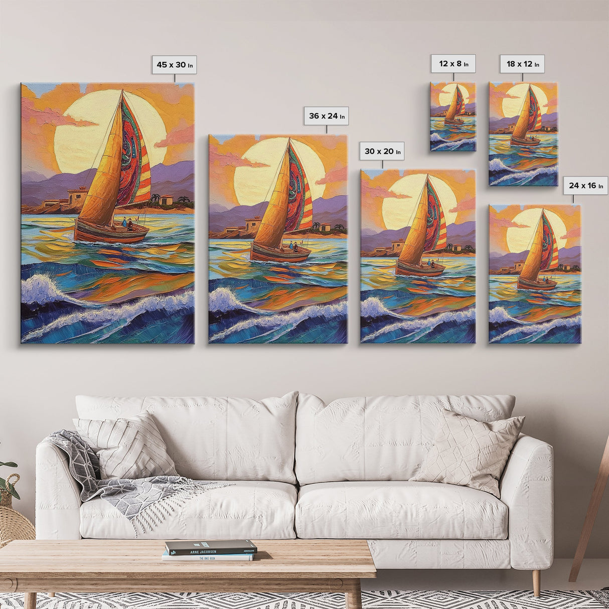 Colorful Sailboat, Coastal Adventure, Sunset Sea, Nautical Art, Living Room Wall Art, Tropical Decor, Framed Canvas Print, Ocean Vibes
