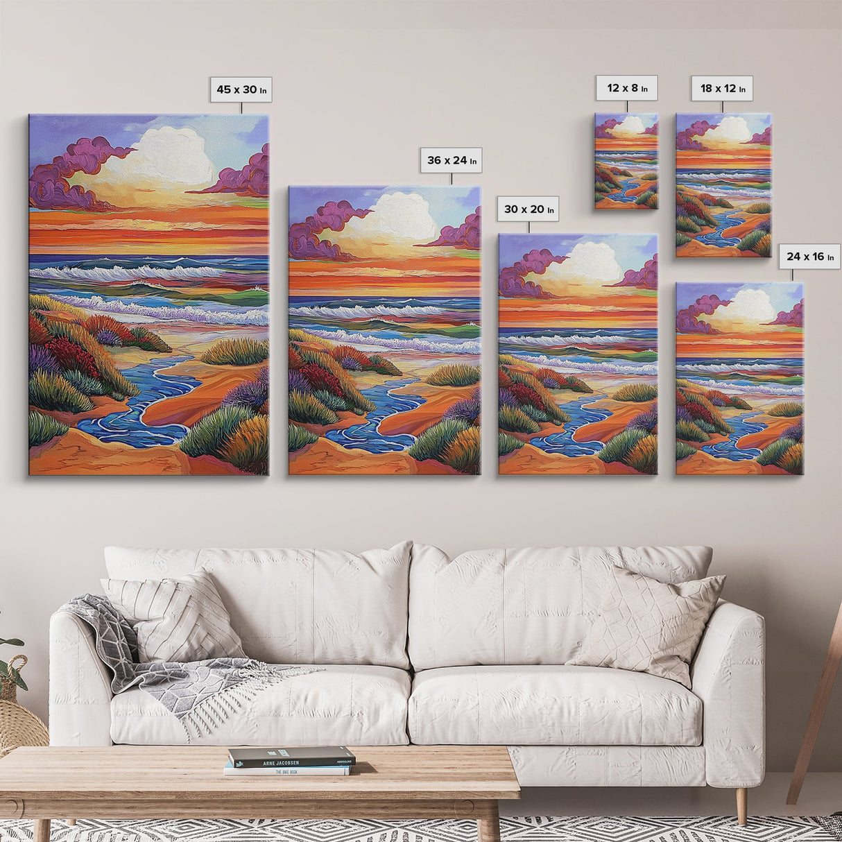 Coastal Sunset, Rolling Waves, Vibrant Beachscape, Boho Ocean Scene, Living Room Wall Art, Seaside Decor, Framed Canvas Print