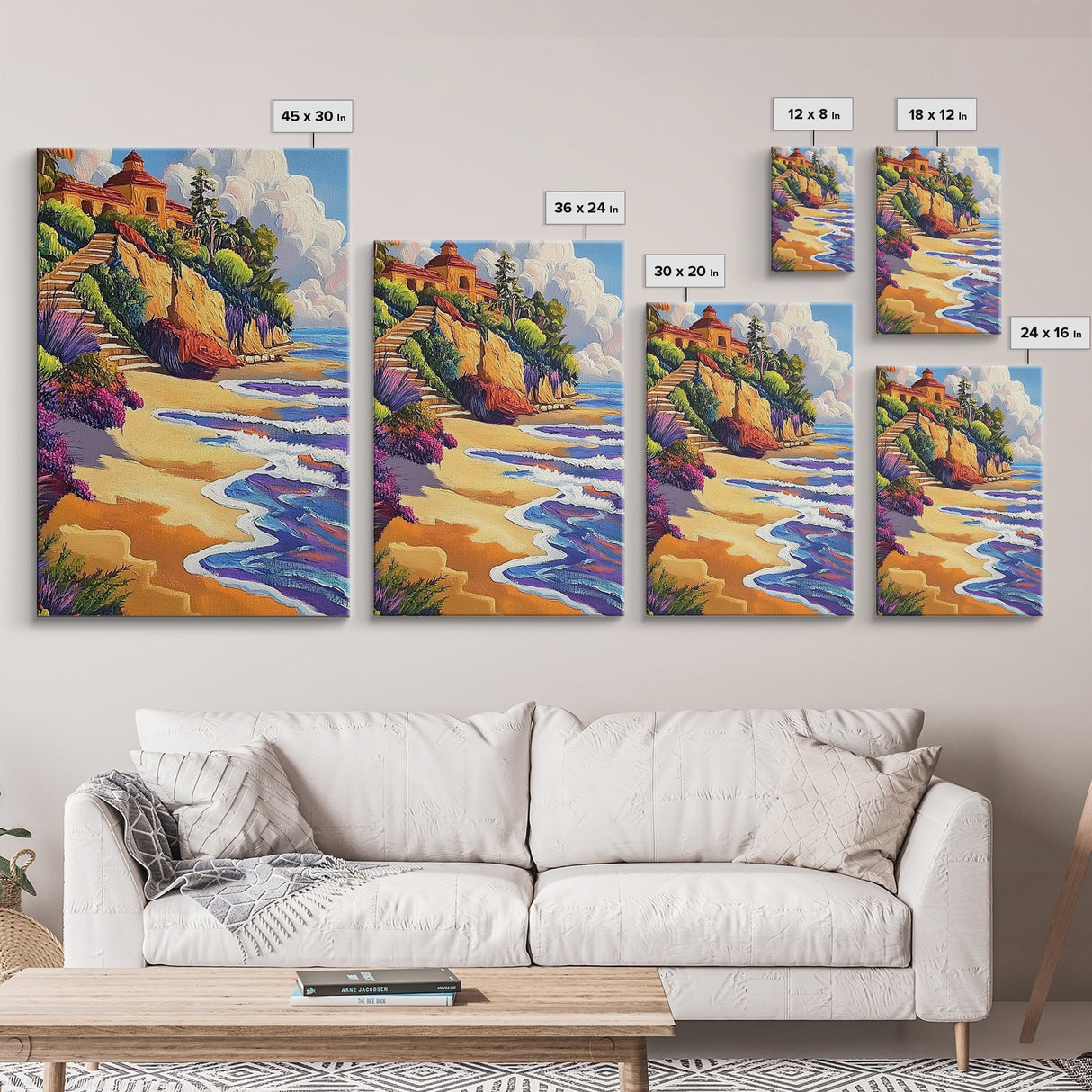 Seaside Villa, Cliffside Beach, Coastal Home Art, Warm Summer Scene, Mediterranean Decor, Canvas Print, Dining Room Wall Accent