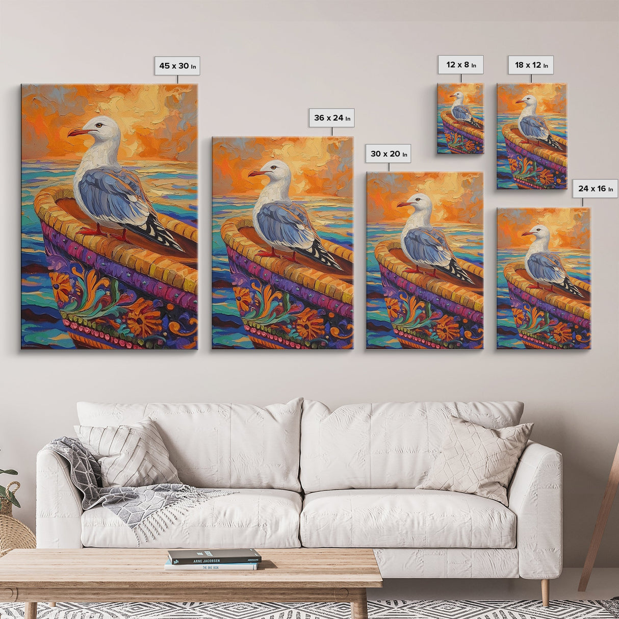 Seagull View, Coastal Bird, Sunset Sky, Ocean Perch, Framed Canvas Print, nautical bird art, hallway wall decor, seagull boho art