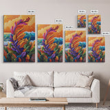 Feather Leaves, Ocean Vibe, Sunset Garden, Fall Colors, Framed Canvas Print, botanical wave art, autumn leaf decor, coastal plant painting