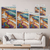 Rainbow Wave, Beach Woman, Mystical Shoreline, Color Explosion, Framed Canvas Print, Spiritual Wall Art, Vibrant Meditation Art