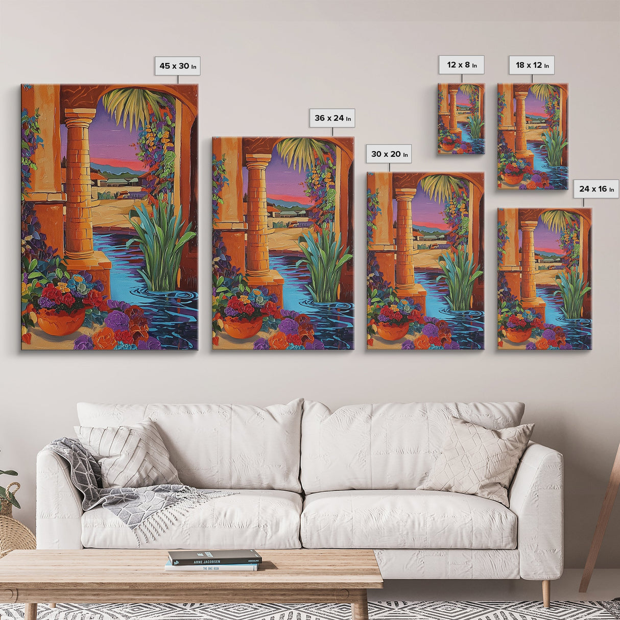 Desert Garden View, Vibrant Sunset Patio, Mexican Courtyard Scene, Framed Canvas Print, Colorful Patio Art, Kitchen Wall Art, Boho Decor