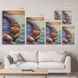 Sunset Rock Path, Ocean Wall Art, Serene Coastal Scene, Framed Canvas Print, Bohemian Living Room Decor, Water Landscape Painting