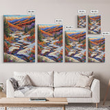 Autumn Snow Creek, Mountain Fall Scene, Nature River Painting, Framed Canvas Print, Cozy Living Room Wall Art, Rustic Cabin Style