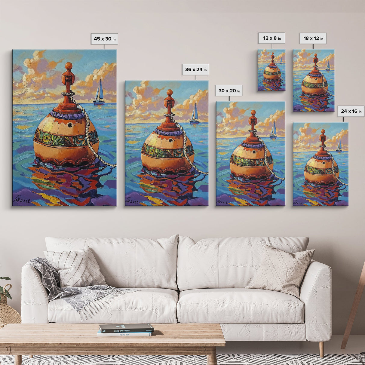 Buoy Ocean Sailboat Painting, Framed Canvas Print, Nautical boho decor, beach home wall art, coastal sunset colors, lakehouse vibe