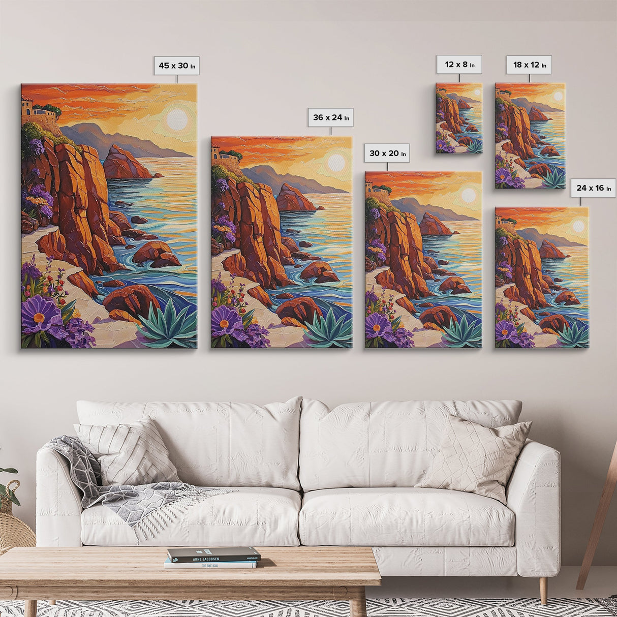 Sunset Coast, Rocky Shore, Ocean Glow, Golden Hour, Framed Canvas Print, Living Room Wall Art, Nature Landscape Decor, Coastal Fall Artwork