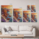 Sunset Coast, Rocky Shore, Ocean Glow, Golden Hour, Framed Canvas Print, Living Room Wall Art, Nature Landscape Decor, Coastal Fall Artwork