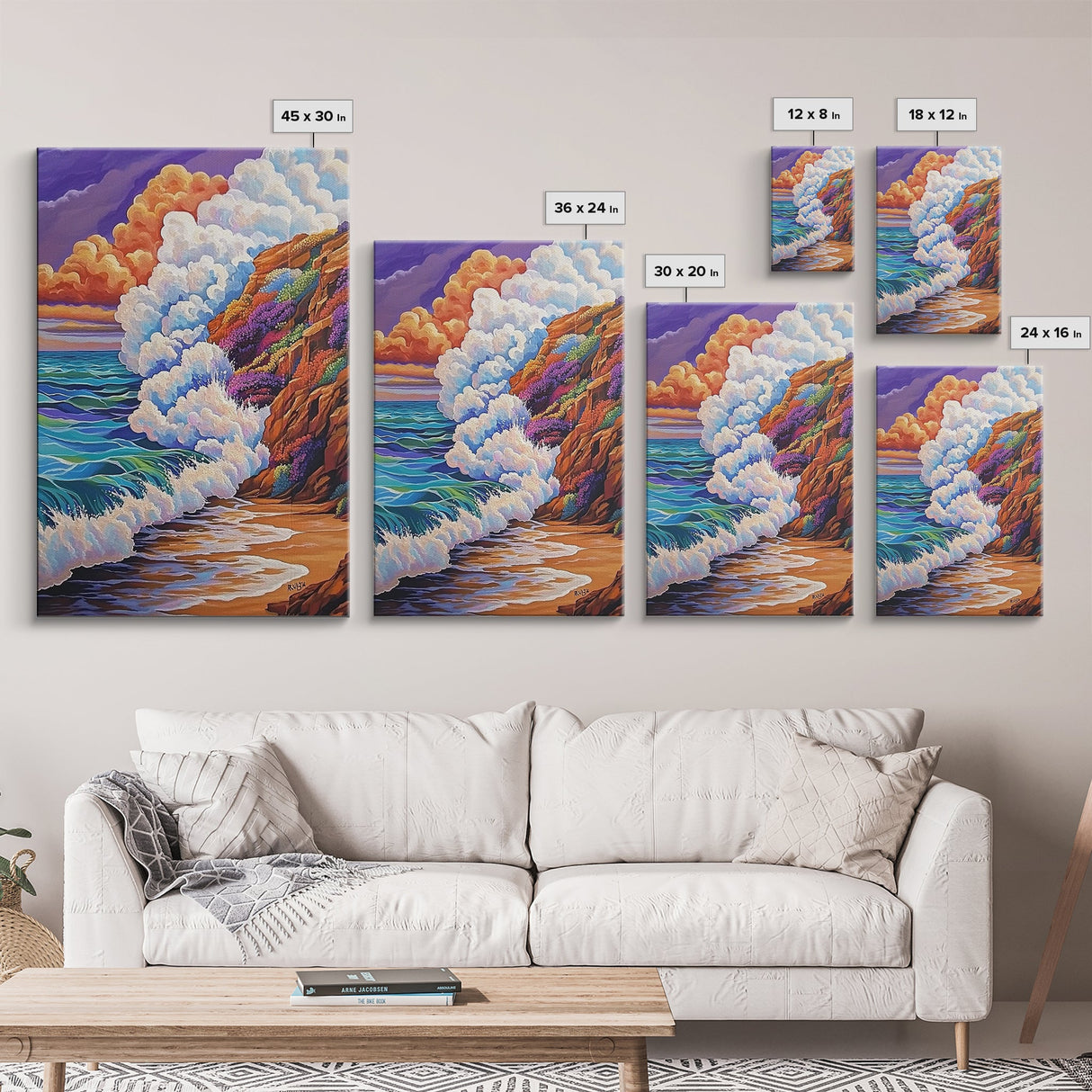 Ocean Wave, Sunset Sky, Rocky Coast, Vibrant Sea — Framed Canvas Print beach wall decor, colorful ocean art, coastal living room wall art