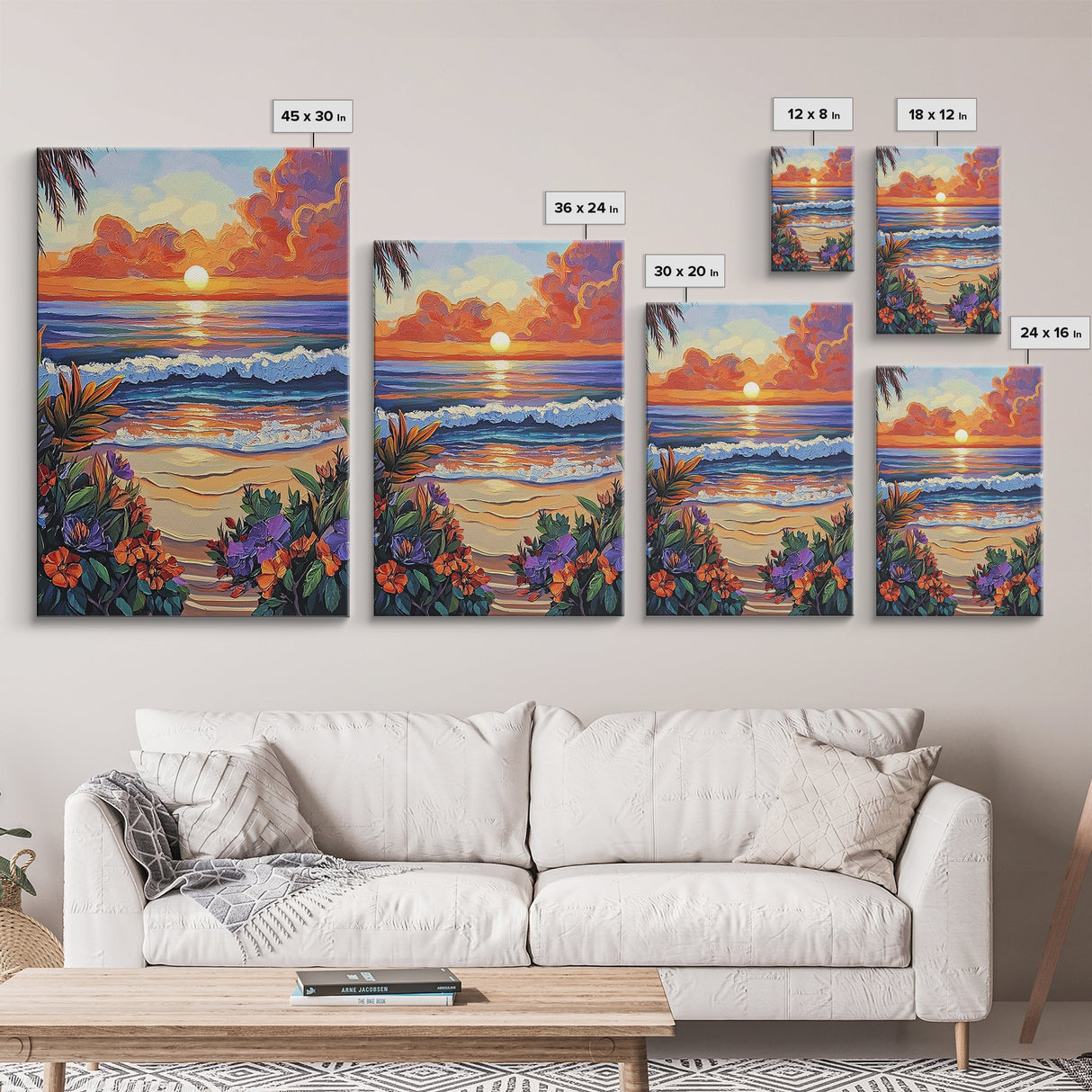 Tropical Beach, Sunset Waves, Lush Florals, Orange Glow — Framed Canvas Print vibrant coastal art, bathroom or bedroom beach decor, boho vibe