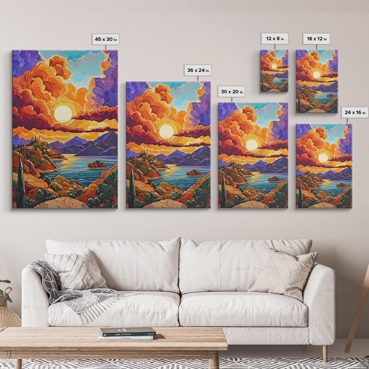 Golden Sky, Mountain Lake, Sunset Clouds, Vibrant Hills — Canvas Print whimsical nature scene, bold landscape wall decor, cozy Autumn vibe