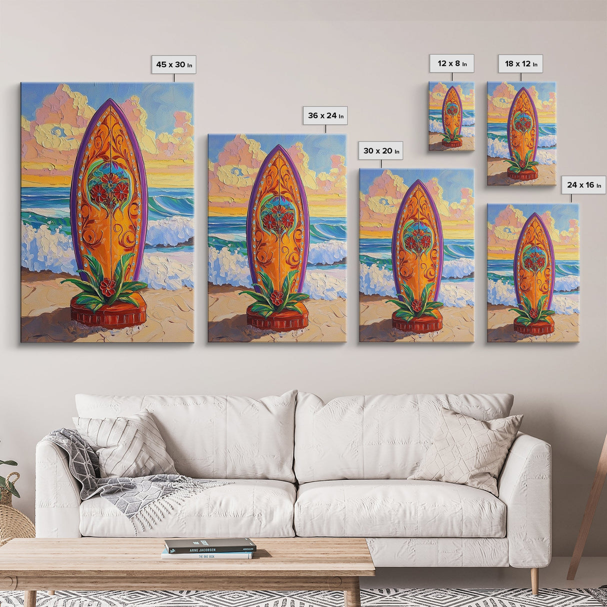 Floral Surfboard Art, Beach Sunset Decor, Tropical Surf Vibe, Canvas Print, Bright Ocean Wall Art, Bathroom Accent, Boho Coastal