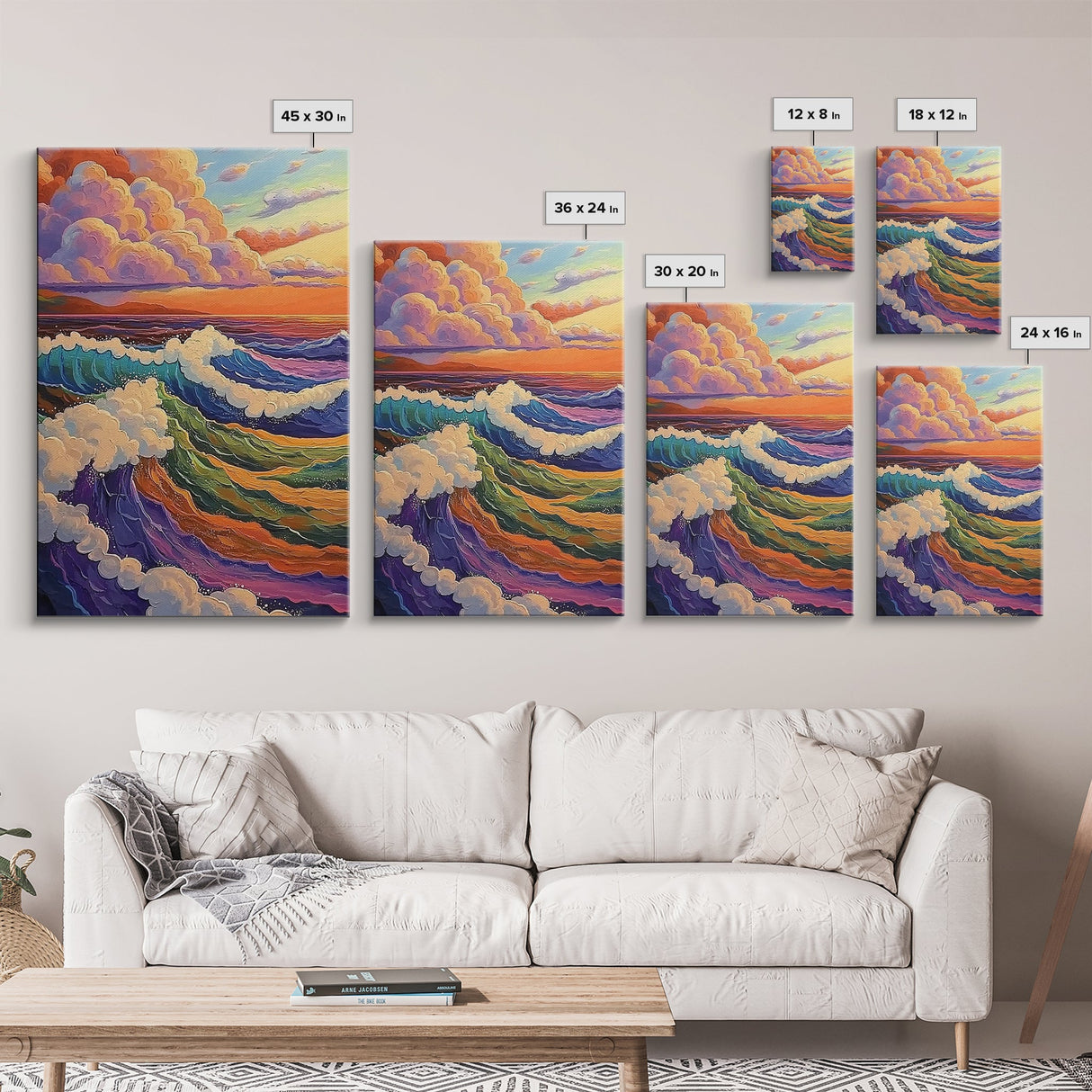 Colorful Ocean Waves, Sunset Surf Art, Rainbow Water Scene, Framed Canvas Print, Coastal Wall Decor, Vibrant Bathroom Art