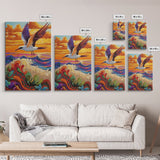 Flying Bird Sunset, Colorful Ocean Waves, Tropical Wildlife Art, Canvas Print, Boho Nature Decor, Fall Wall Accent, Vibrant Scene