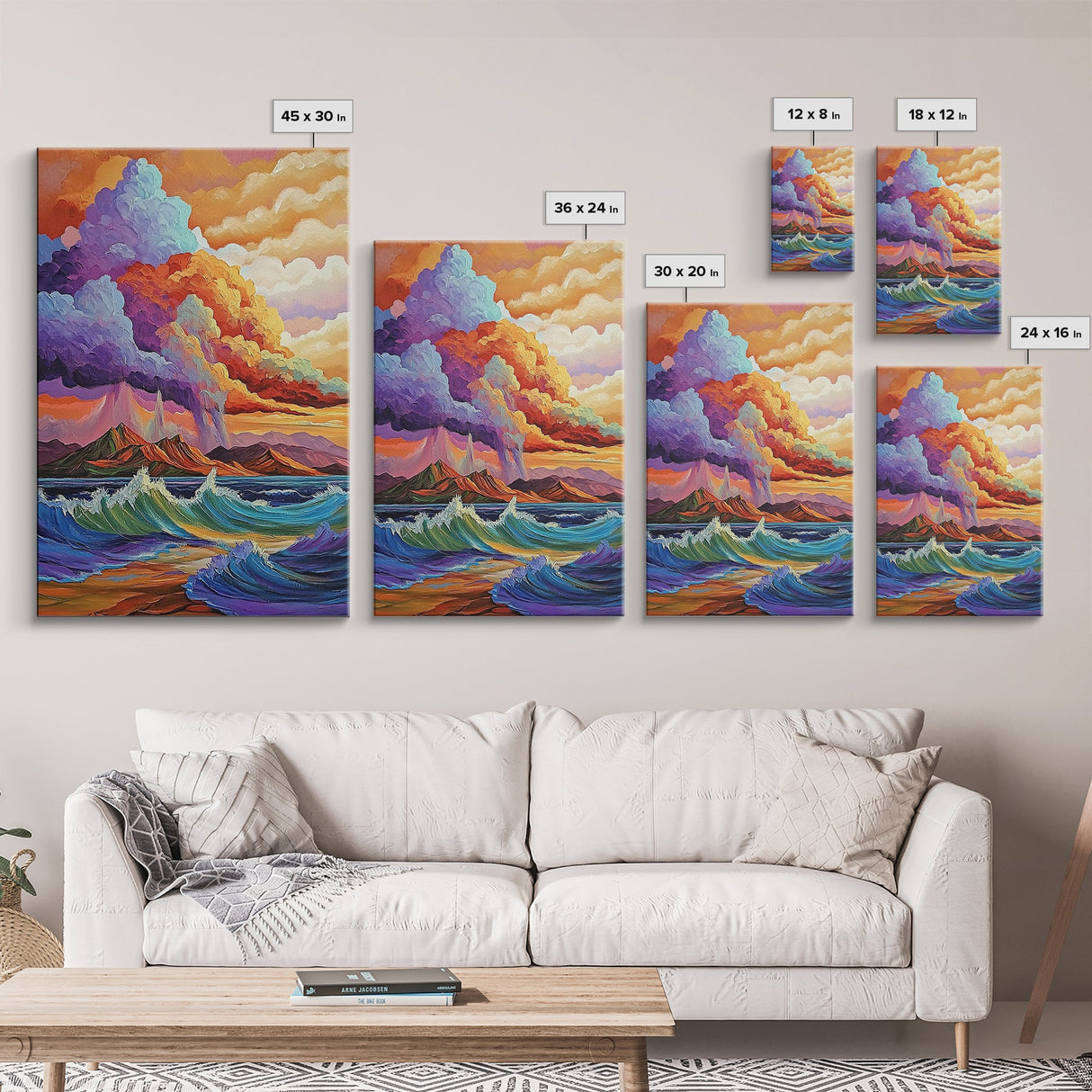 Stormy Coastal Sunset, Rainbow Clouds Over Ocean, Dramatic Sky Wall Art, Framed Canvas Print, Boho Nature Decor, Living Room Art