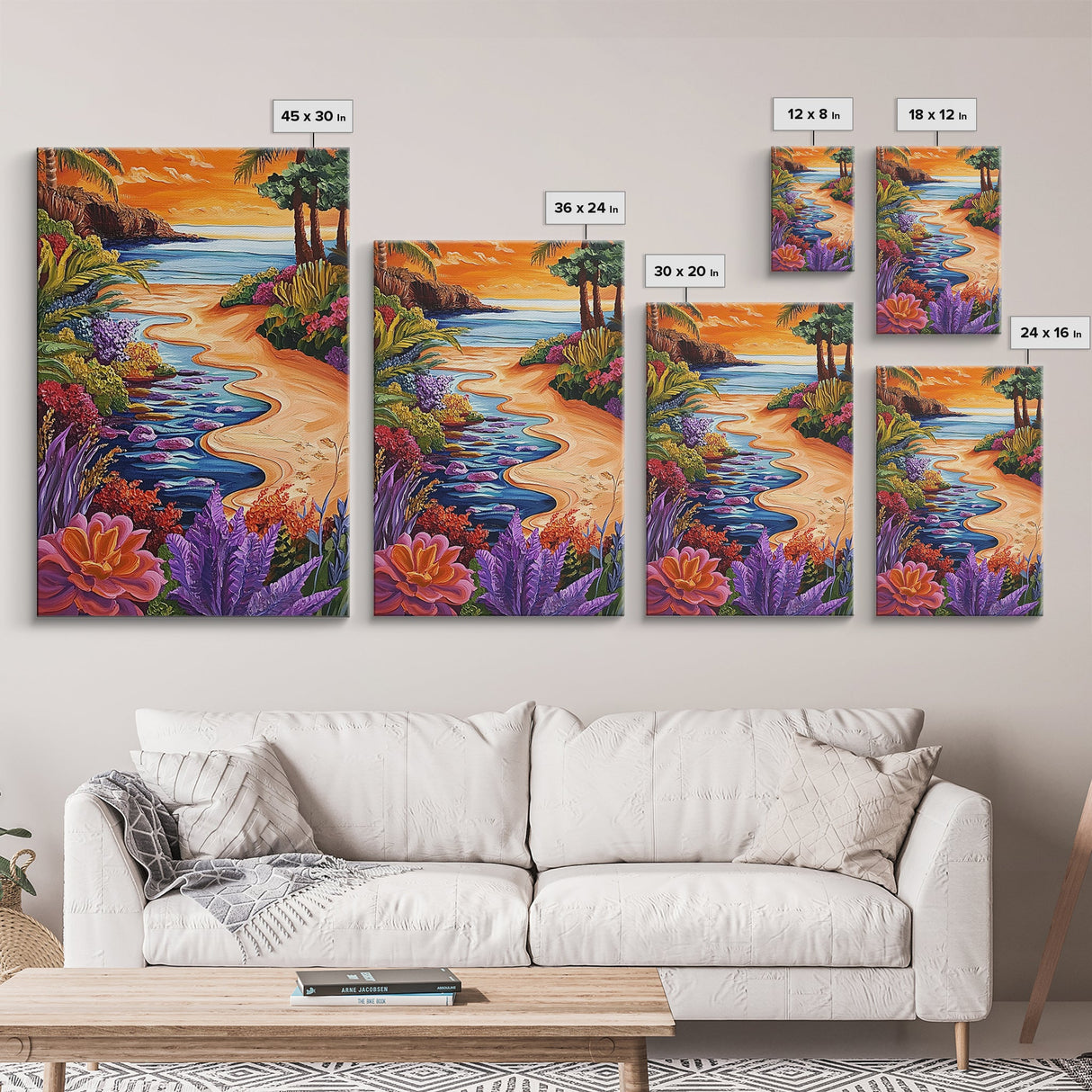 Tropical Beach Path, Sunset Garden Vibes, Colorful Coastal Landscape, Canvas Print, Boho Summer Decor, Bathroom Wall Art
