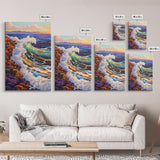 Crashing Ocean Wave, Rocky Coastline Scene, Vibrant Beach Art, Framed Canvas Print, Nature Inspired, Coastal Living Room Wall Art