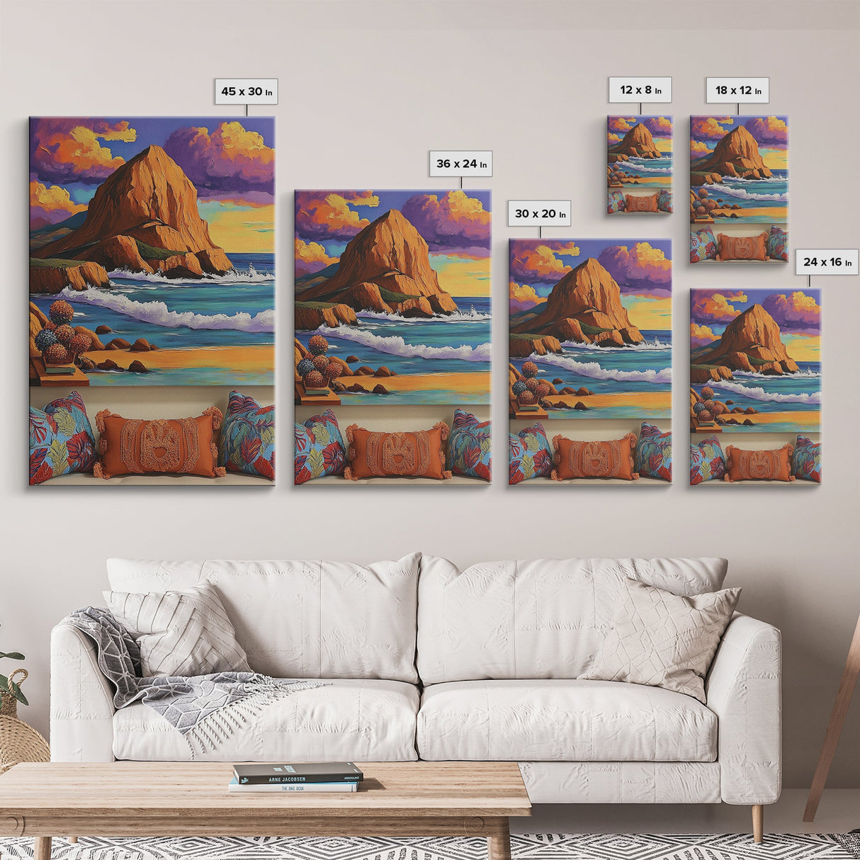 Sunset Beach, Cliffs, Waves, Framed Canvas Print vibrant coastal wall art, beach house decor, ocean cliffs, boho style, living room wall art