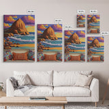 Sunset Beach, Cliffs, Waves, Framed Canvas Print vibrant coastal wall art, beach house decor, ocean cliffs, boho style, living room wall art