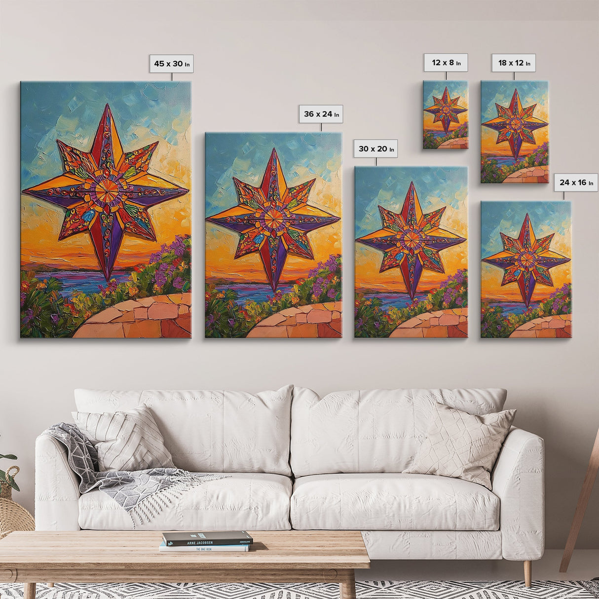 Colorful Starburst Sky, Sunset Mosaic Star Art, Vibrant Landscape Design, Canvas Print, Fall Living Room Decor, Boho Wall Accent