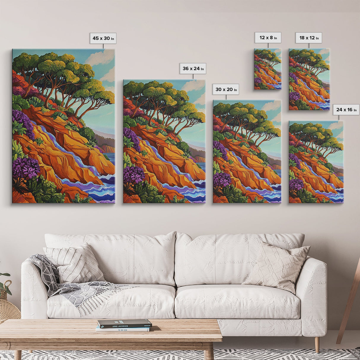 Cliffside Trees Flow, Coastal Waterfall Art, Canvas Print, Scenic Nature Wall Decor, Spa Bathroom Wall Art, Tranquil Landscape Scene