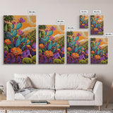 Prickly Wildflowers, Cactus, Garden, Framed Canvas Print floral cactus art, vibrant botanical painting, nature decor, desert boho living room