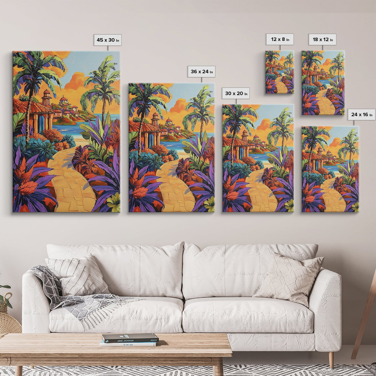Coastal Village Path, Sunset Vibes, Tropical Getaway, Bright Colors, Framed Canvas Print, Coastal Wall Art, Living Room Decor, Boho Art
