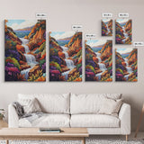 Cascading Falls, Ocean Cliffs, Tropical Flowers, Bold Nature, Framed Canvas Print, Living Room Wall Art, Maximalist Decor, Beach Art
