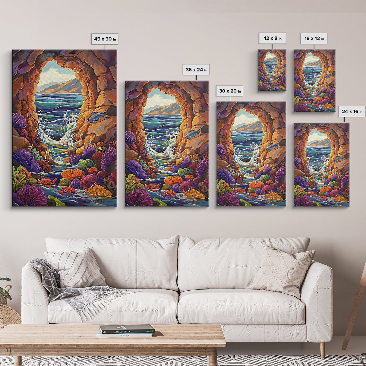 Ocean Cave Window, Underwater Scene, Marine Life, Coral Reef, Framed Canvas Print, Bathroom Wall Art, Coastal Decor, Nautical Art
