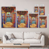 Dock Walkway, Tropical Pier, Ocean View, Beach Art, Framed Canvas Print coastal home decor, hallway wall art, vibrant nautical painting