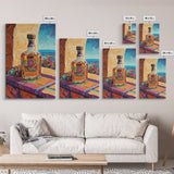 Tequila Bottle, Colorful Spirits, Bar Decor, Still Life, Framed Canvas Print kitchen wall art, Mexican bar art, fiesta rustic painting