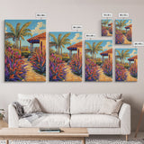 Tropical Path, Palm Trees, Garden Walkway, Vibrant Flora, Framed Canvas Print patio decor, vacation home wall art, coastal impressionist