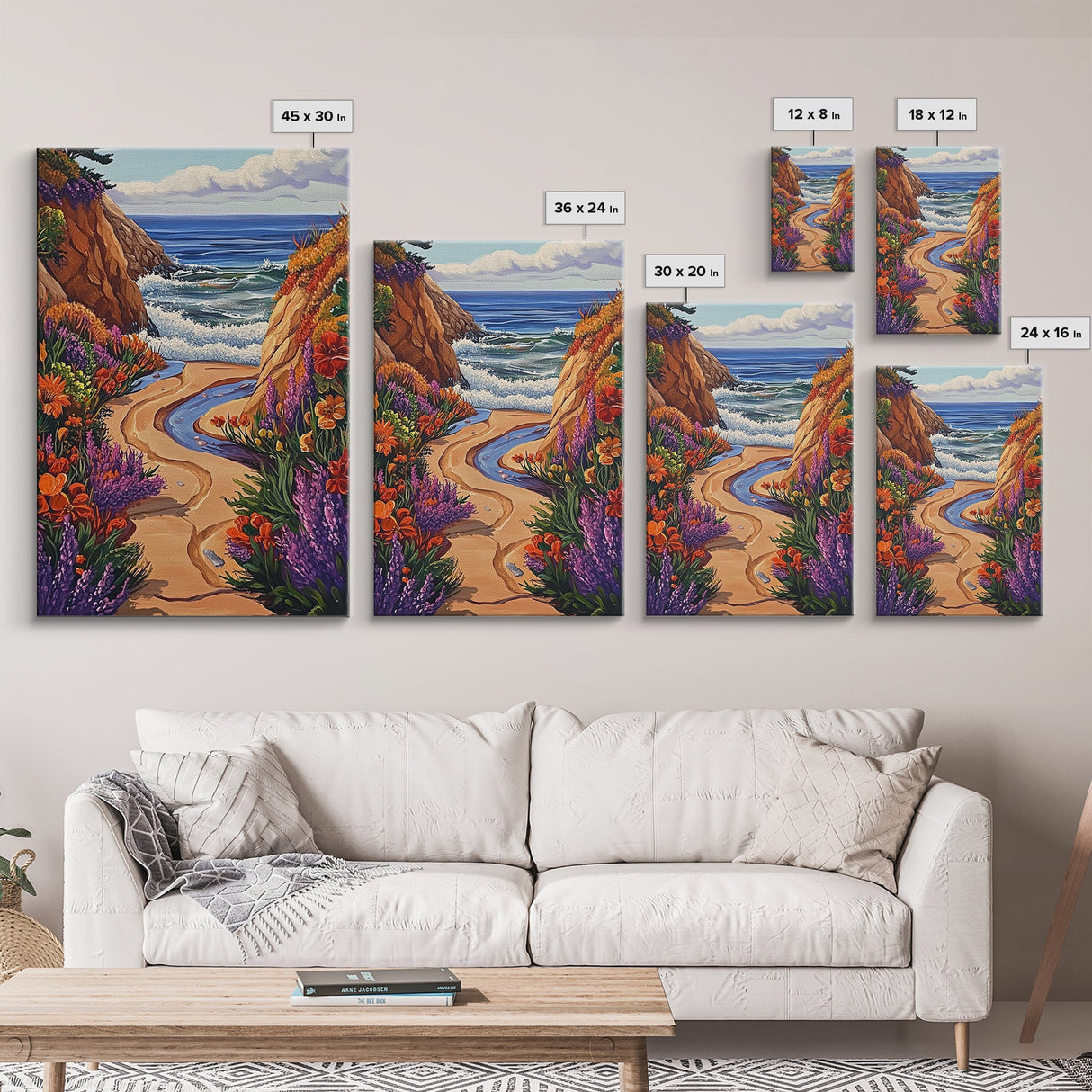 Coastal Path, Floral Trail, Ocean View, Beach Landscape, Framed Canvas Print, boho art, hallway decor, tropical wall art, beach house art